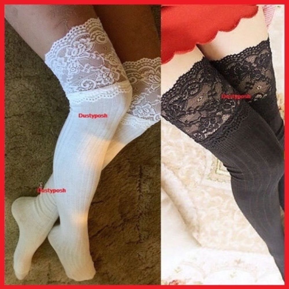 2 Lace Top Thigh High Over The Knee Socks Ribbed School Girl Kawaii Hot Lingerie